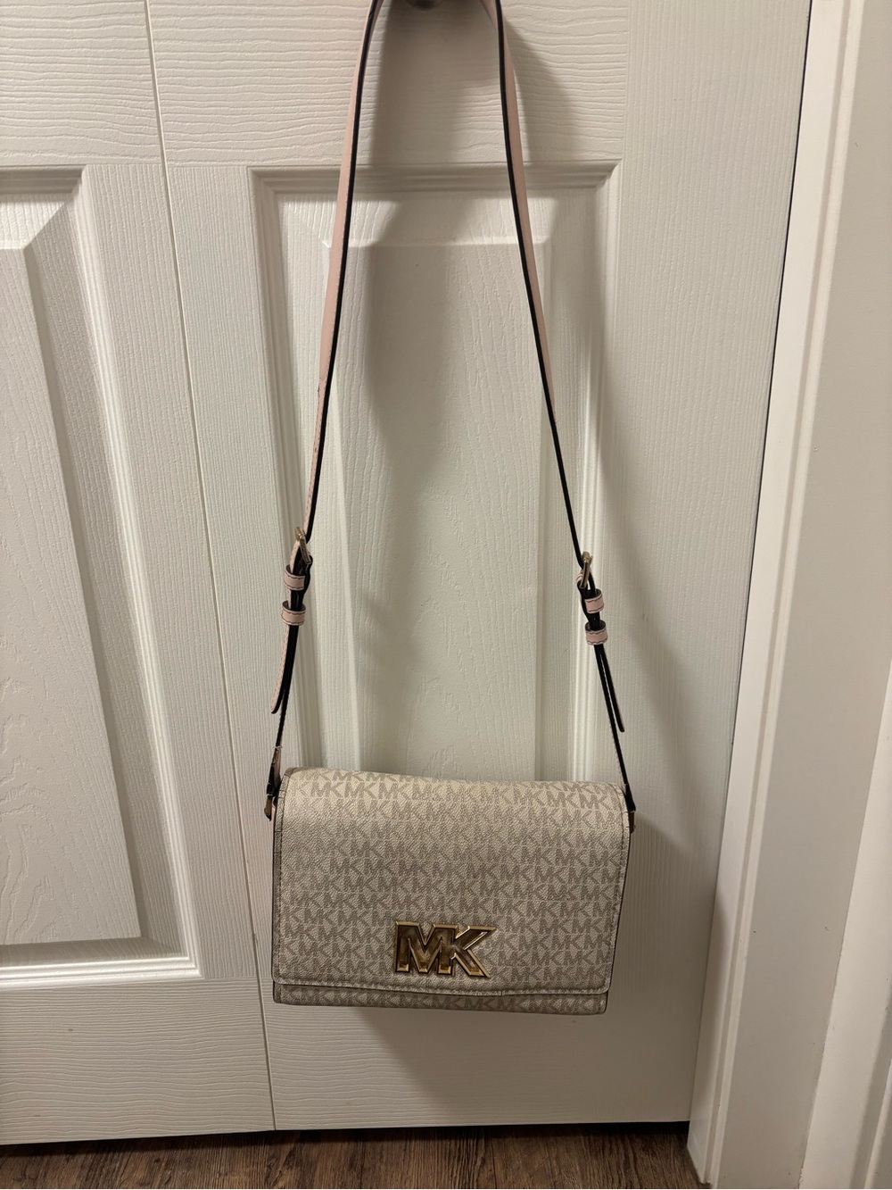 Michael Kors Cream MK Logo Crossbody with Gold Hardware